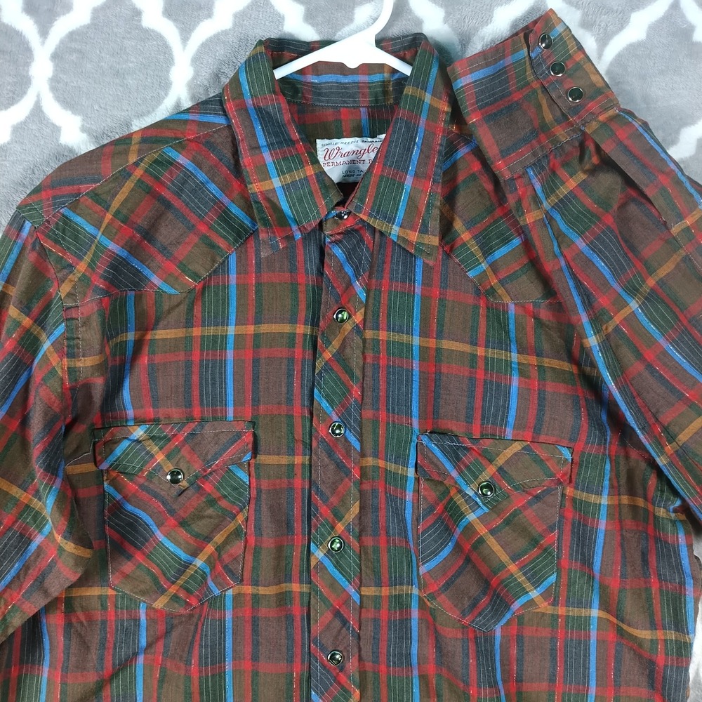 VTG Wrangler Western Shirt Men Large Brown Plaid Metallic Pearl Snap Long Tail